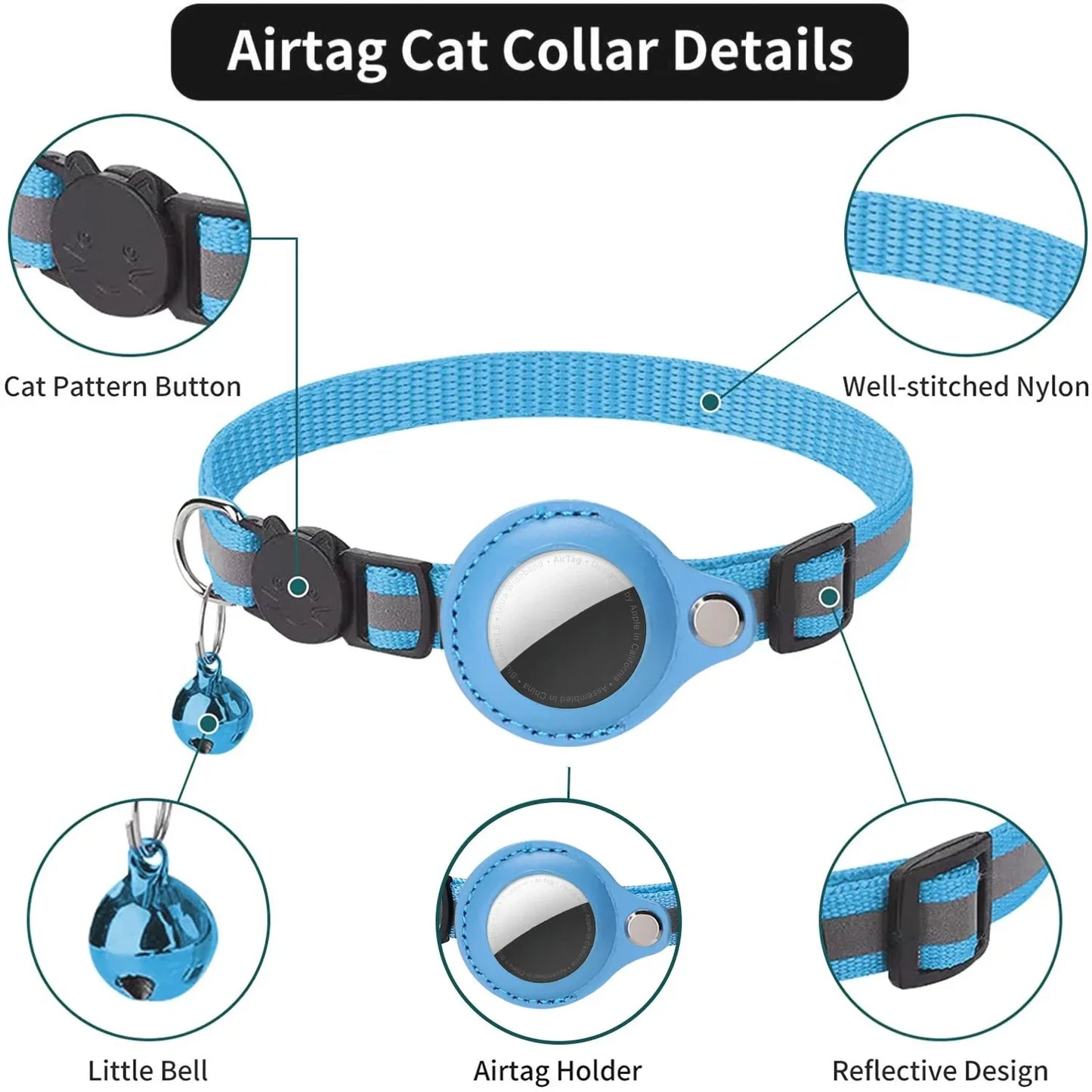 Adjustable AirTag Cat Collar with Bell & Reflective Design